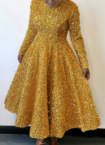 5 Colors Round Neck Long Sleeve Solid Color Sequins High Waist Temperament Mid-Length Dress