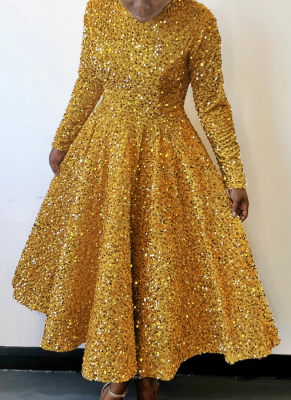 5 Colors Round Neck Long Sleeve Solid Color Sequins High Waist Temperament Mid-Length Dress