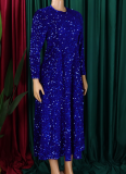 5 Colors Round Neck Long Sleeve Solid Color Sequins High Waist Temperament Mid-Length Dress