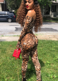 Fashion Sexy Mesh Leopard Print Bodysuit Two Piece Set