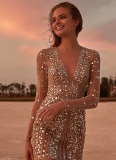 Fashionable and Sexy Deep V Long Sleeve Sequin Dress