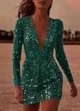 Fashionable and Sexy Deep V Long Sleeve Sequin Dress