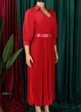 3 Colors Large Size V-Neck Pleated Dress (With Belt)