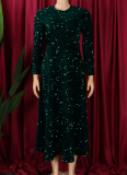 5 Colors Round Neck Long Sleeve Solid Color Sequins High Waist Temperament Mid-Length Dress
