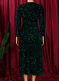 5 Colors Round Neck Long Sleeve Solid Color Sequins High Waist Temperament Mid-Length Dress