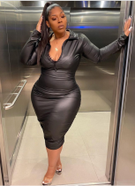 New Pleated Long Sleeve Leather Dress