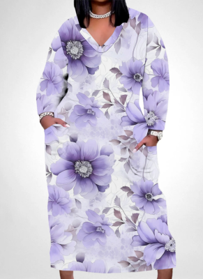 6 Colors Fashion Temperament Casual Print Large Size Pocket Dress