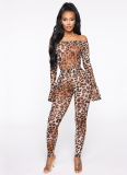 Fashion Sexy Mesh Leopard Print Bodysuit Two Piece Set