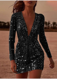 Fashionable and Sexy Deep V Long Sleeve Sequin Dress