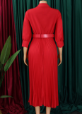 3 Colors Large Size V-Neck Pleated Dress (With Belt)