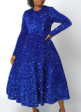 5 Colors Round Neck Long Sleeve Solid Color Sequins High Waist Temperament Mid-Length Dress