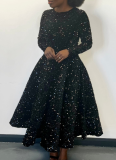 5 Colors Round Neck Long Sleeve Solid Color Sequins High Waist Temperament Mid-Length Dress