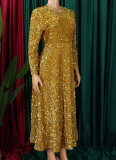 5 Colors Round Neck Long Sleeve Solid Color Sequins High Waist Temperament Mid-Length Dress