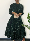 5 Colors Round Neck Long Sleeve Solid Color Sequins High Waist Temperament Mid-Length Dress