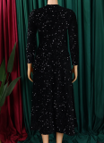 5 Colors Round Neck Long Sleeve Solid Color Sequins High Waist Temperament Mid-Length Dress