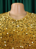 5 Colors Round Neck Long Sleeve Solid Color Sequins High Waist Temperament Mid-Length Dress
