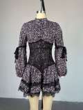 Sweet and Fresh Printed Waist-length Long-sleeved Short Lace Dress