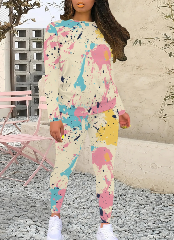 9-Color Long-Sleeved Personalized Leopard Print Ink-Splashed Geometric Pattern Two-Piece Suit