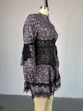 Sweet and Fresh Printed Waist-length Long-sleeved Short Lace Dress