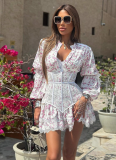 Sweet and Fresh Printed Waist-length Long-sleeved Short Lace Dress