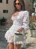 Sweet and Fresh Printed Waist-length Long-sleeved Short Lace Dress