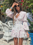 Sweet and Fresh Printed Waist-length Long-sleeved Short Lace Dress