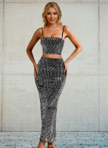 4 Colors Fashion Women'S Perm Diamond Sleeveless Suspender Sexy Long Skirt Two-Piece Suit
