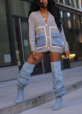 Fashion Loose Splicing Single Breasted Denim Pocket Cardigan Sweater