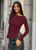 One-shoulder Neck Pleated Waist Slit Solid Color Pullover Top T-shirt