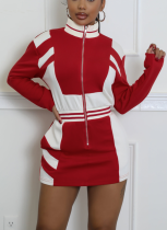 Casual Colorblock Zipper Jacket Long Sleeve Waist Dress