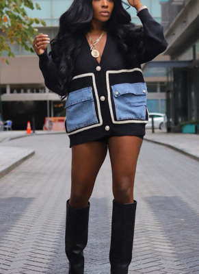 Fashion Loose Splicing Single Breasted Denim Pocket Cardigan Sweater