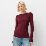 One-shoulder Neck Pleated Waist Slit Solid Color Pullover Top T-shirt
