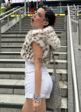 Casual Leopard Print Sleeveless Hooded Navel-Exposed Plush Bodysuit