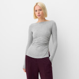 One-shoulder Neck Pleated Waist Slit Solid Color Pullover Top T-shirt