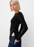 One-shoulder Neck Pleated Waist Slit Solid Color Pullover Top T-shirt