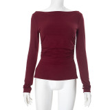 One-shoulder Neck Pleated Waist Slit Solid Color Pullover Top T-shirt