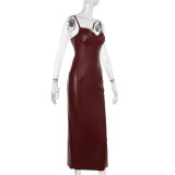 Sexy Suspender Waist Tight Leather Dress