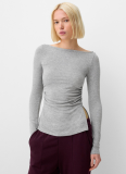 One-shoulder Neck Pleated Waist Slit Solid Color Pullover Top T-shirt