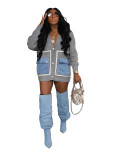 Fashion Loose Splicing Single Breasted Denim Pocket Cardigan Sweater