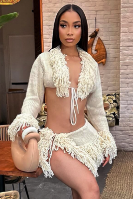 2 Colors French Knitted Lace-Up Cardigan Long-Sleeved Top Fashionable Sexy Short Skirt Two-Piece Set