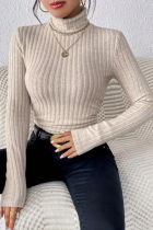 3 Colors Autumn And Winter High Collar Solid Color Casual Long Sleeve Ribbed Knitted T-Shirt Tops
