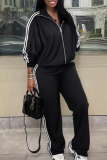 2 Color Casual Striped Patchwork Zipper Neck Long Sleeve Two-Piece Suit