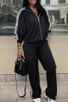 2 Color Casual Striped Patchwork Zipper Neck Long Sleeve Two-Piece Suit