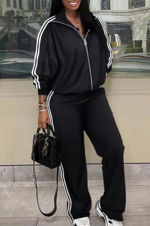 2 Color Casual Striped Patchwork Zipper Neck Long Sleeve Two-Piece Suit