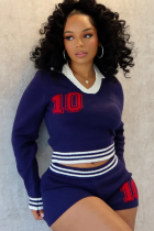 3 Color Autumn Lapel Women's Contrast Elastic Long Sleeve Top Shorts Two-piece Set