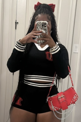 3 Color Autumn Lapel Women's Contrast Elastic Long Sleeve Top Shorts Two-piece Set