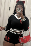3 Color Autumn Lapel Women's Contrast Elastic Long Sleeve Top Shorts Two-piece Set