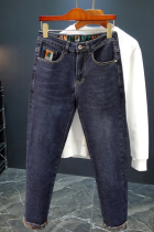 4 Colors Autumn And Winter Hot-Selling High-End Embroidered Jeans Men'S Elastic Slim Straight Trendy Printed Fashion Trousers