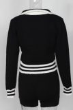 3 Color Autumn Lapel Women's Contrast Elastic Long Sleeve Top Shorts Two-piece Set
