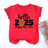 Casual Women's 2025 New Year Greetings Gold Foil Graphic Round Neck Oversized T-Shirt